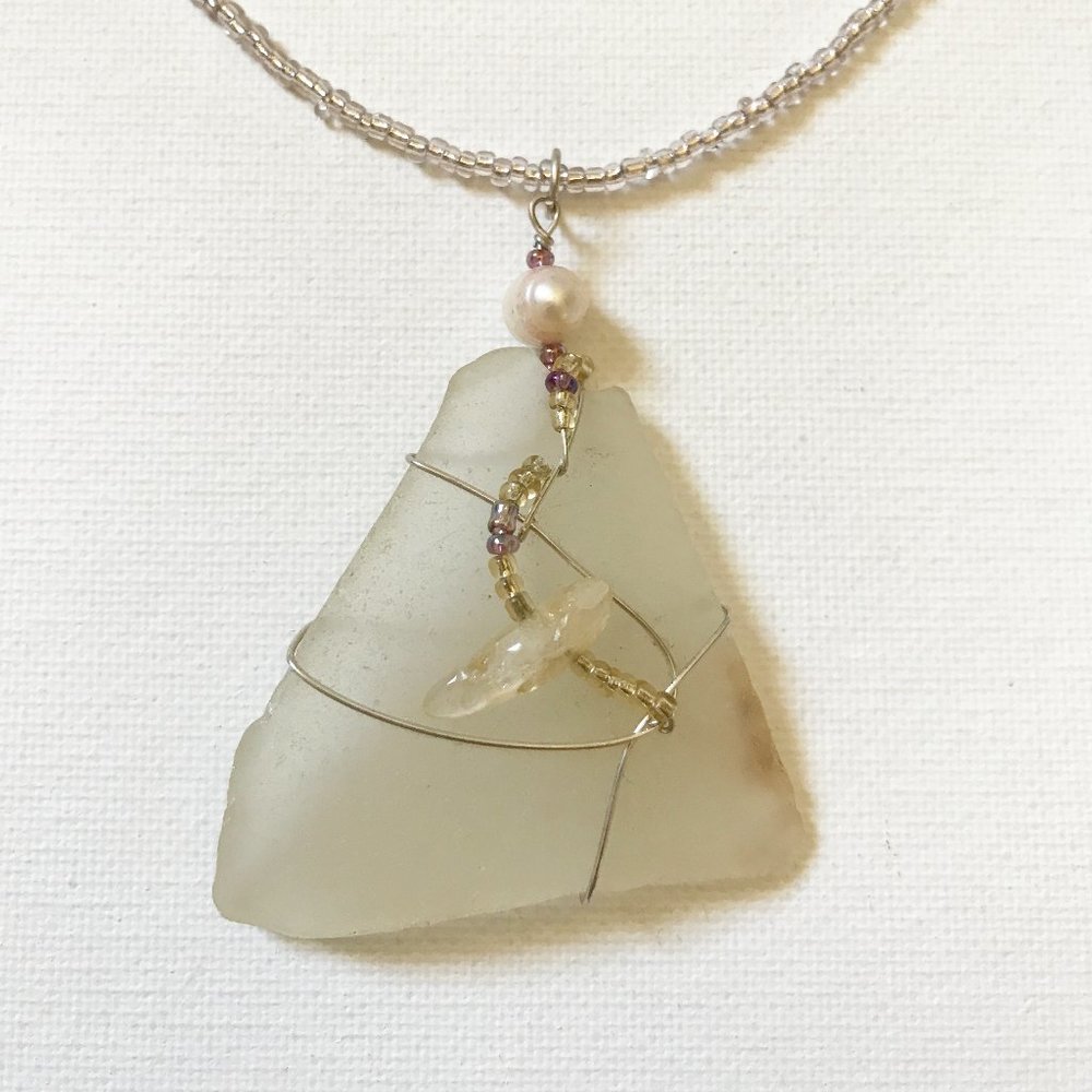 Yellow Sea Glass & Citrine Gemstone Crystal Pearl Necklace Ocean Mermaid Boho